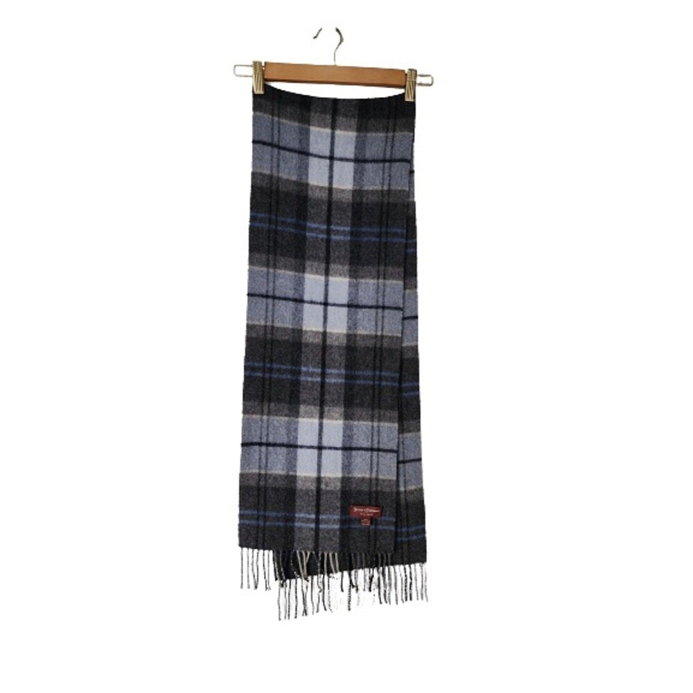 Hickey Freeman New York Mens Wool Plaid Scarf Gray White Blue Fringe